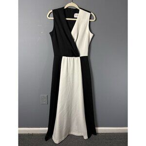 Vintage 70s Womens L/XL? Black & White Colorblock Hostess Maxi Dress Polyester